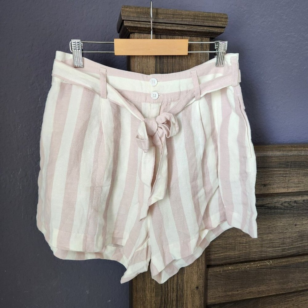 Rails Linen Shorts Striped Katy Shorts High Rise Women Size M Petal Pink Belted